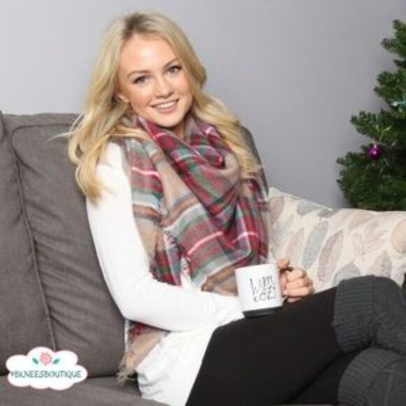 TAN Plaid Printed Oversized fall winter scarf - Picture 2 of 8